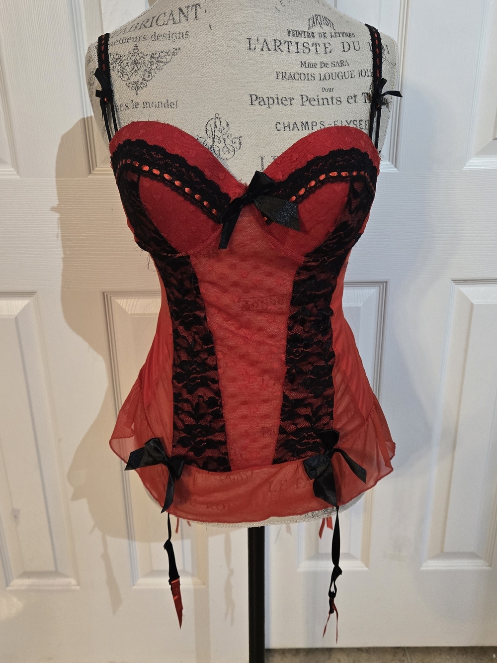 Red & Black Lace Bustier Bra - Romantic Lace Trim